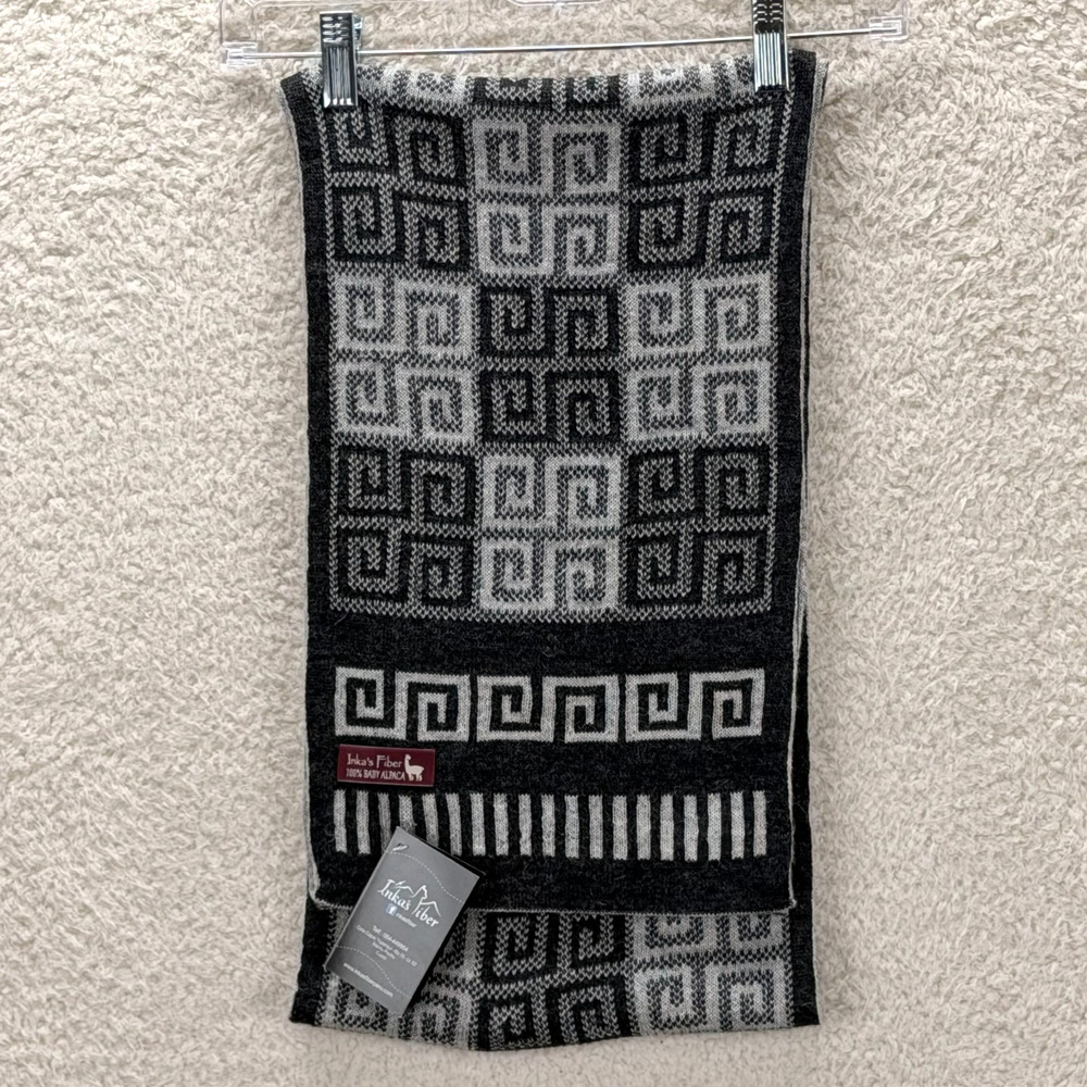 Inka's Fiber Open Scarf 100% Baby Alpaca 73"x9.5" Gray Black Greek Pattern Peru - Picture 4 of 8